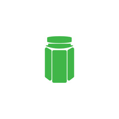 Bottle or jar icon. Plastic bottle or glass jar. Mineral water. Bottled beverage, cream, pills, powder, colon silhouette bottle symbol. Vector.