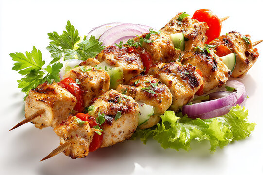 Juicy grilled Lebanese chicken shish tawook with spices on white background close up