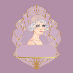 Art Deco design template with elegant flapper girl, geometric shapes, and decorative elements in dusty rose and gold tones. Perfect for invitations, fashion branding, events, or digital decor.