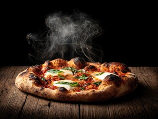 Hot pizza, steaming, rustic wood