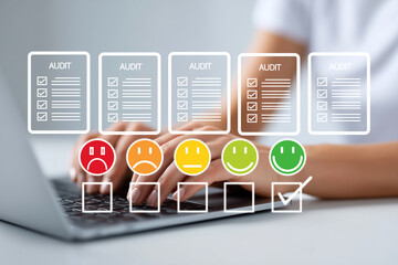Hands typing on laptop keyboard with virtual audit checklists and satisfaction level icons. Studio business concept photography. Quality evaluation and customer feedback concept. generative ai