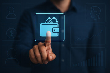 Modern Digital Wallet Interface with Touchscreen Financial Technology for Secure Cash and Card Access in a Futuristic Virtual Environment