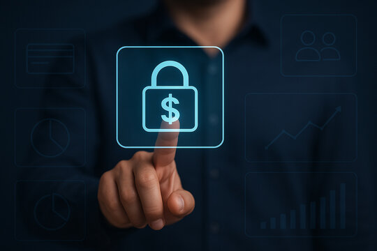 Secure Digital Finance Access with Finger Touch on Lock Icon Display – Innovative Financial Technology UI for Business Applications