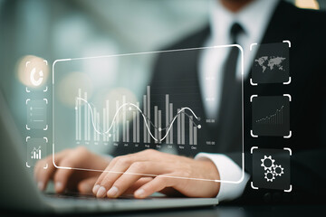 Businessman working on laptop with virtual dashboard showing financial bar chart and data analytics. Business intelligence and statistics concept. generative ai