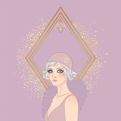 Art Deco design template with elegant flapper girl, geometric shapes, and decorative elements in dusty rose and gold tones. Perfect for invitations, fashion branding, events, or digital decor.