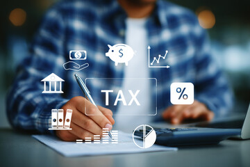 Person writing on paper with calculator and digital icons of piggy bank, percentage, pie chart, and bank building. Tax form filling and finance planning concept. generative ai