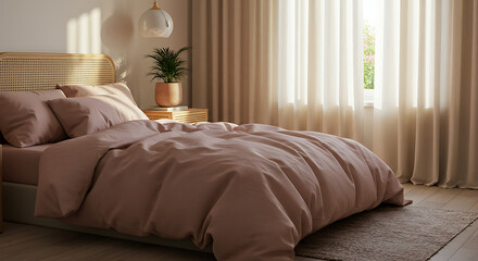 A cozy bedroom featuring a blush pink duvet, beige linen curtains, rattan nightstand, and a potted plant on top