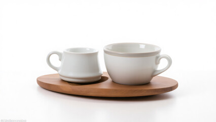 Fototapeta premium Elegant Ceramic Coffee Cups on Wooden Tray for Minimalist Kitchen Decor