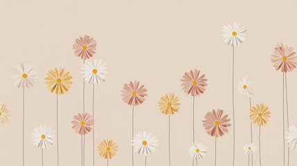 Minimalist illustration of many daisy on a beige background, clean lines, soft shadows, pastel tone, flat design style flat