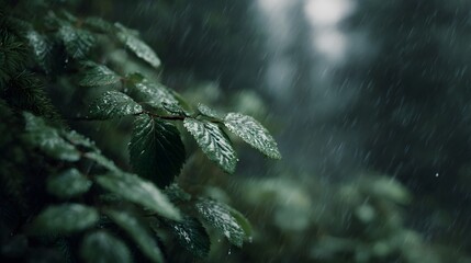 Wet leaves and raindrops falling in a lush forest