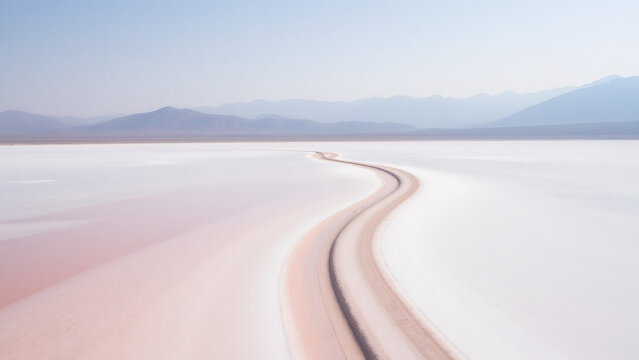 Winding Road Across Vast Salt Flats Landscape with Distant Mountain Range