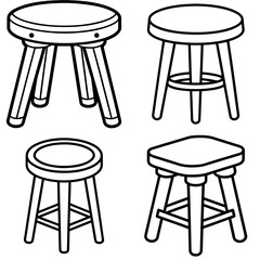 Wooden Stool Coloring Page – Black and White Line Art Furniture Illustration