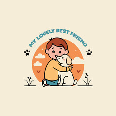 Adorable Boy Hugging His Lovely Best Friend Puppy Dog in a Cute Cartoon Illustration