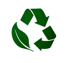 Obraz premium Green recycling symbol with leaf on white background ecology environment