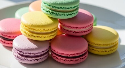 Obraz premium Pastel Colored Macarons on White Plate in Natural Daylight