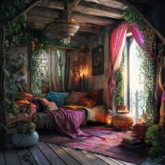 A bohemian bedroom with rich textiles, plants, and warm lighting.  A balcony offers a view
