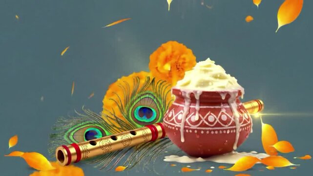 Traditional Flute, Butter Pot, and Peacock Feather on Green and White Background for Krishna Janmashtami