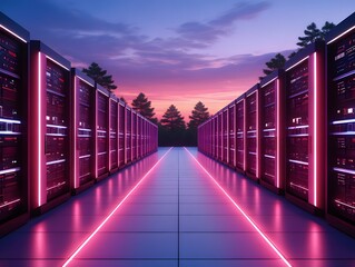 Fototapeta premium Data center server room cloud computing network technology it infrastructure system neon glow