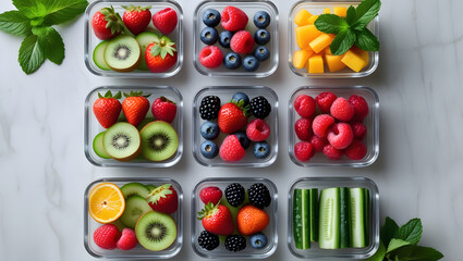 Colorful Fruit and Vegetable Flat Lay in Glass Containers on Marble Surface
