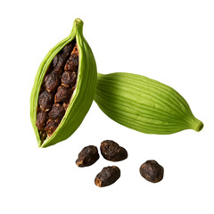 UntitleFresh Green Cardamom Pods and Seeds on Transparent Background
