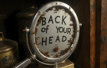 Metallic Sign with Insect Infestation and "BACK of YOUR HEAD" Text