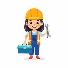 A confident girl in a safety vest and helmet proudly holds a wrench and toolbox�embracing hands-on skills, mechanical learning, and future-ready builder mindset
