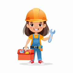 Confident girl in safety gear holds toolbox and wrench, dressed in an orange vest and hard hat, symbolizing empowerment and young interest in skilled construction trades