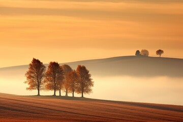 Scenic view of rolling hills with autumn trees at sunrise, with fog covering the valley below, creating a serene and peaceful atmosphere