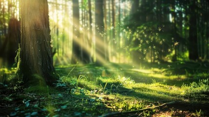 Obraz premium Seeds floating through forest air with sunlight rays. AI-generated.