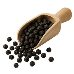 Black Peppercorns with Wooden Scoop on Transparent Background
