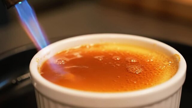 a kitchen torch caramelizing a creme brulee