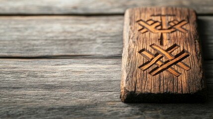 Naklejka premium Rustic Wooden Rune Carving on Gray Wood, Ancient , Symbolism