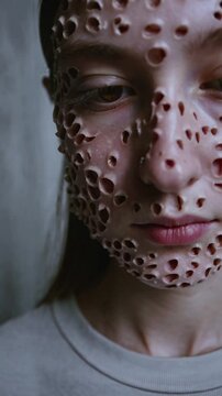 Trypophobic skin with lost of cluster holes on girls face.