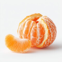 A halved mandarin orange, segments peeled back, with a single segment beside it