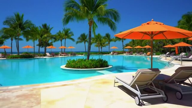 a tropical resort pool surrounded by palm trees and lounge chairs