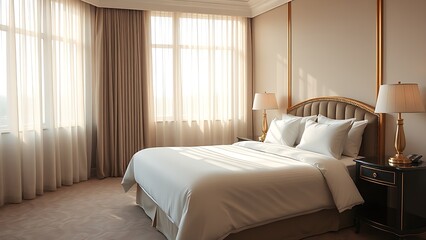A serene hotel bedroom bathed in morning sunlight, featuring a neatly made bed and soft tones.
