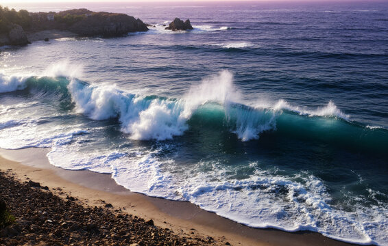 Ocean Waves Breaking on Sandy Beach near Rocky Coastline
