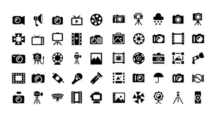 Photography Icon Set – Vector Illustration of Camera, Photographer, Video, Photo, Lens, and Media Equipment Symbols
