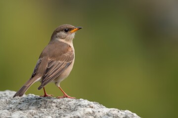 Adorable small thrush charlo bird sitting on stone against blurred background in nature