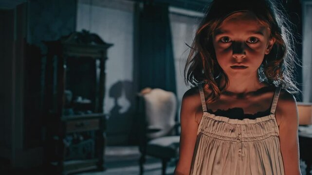 Girl in little white sundress creepily staring into camera, dressed for halloween. Child's ghost in haunted house