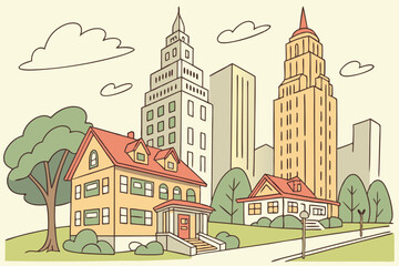 Obraz premium vibrant,colorful,cartoon-style,urban skyline,cityscape,skyscrapers,buildings,houses,architecture,whimsical,playful,digital illustration
