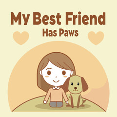 Adorable Girl and Her Puppy Best Friend Sitting Together Outdoors at Sunset
