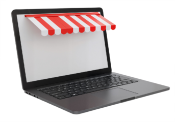 Modern Laptop with Red and White Striped Awning Against White Background, Symbolizing E-Commerce, Retail Integration, and Digital Innovation