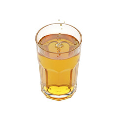 Clear glass filled with golden amber liquid and falling droplets isolated on transparent background