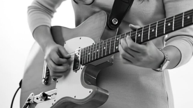 Guitar player strums a Telecaster in black and white