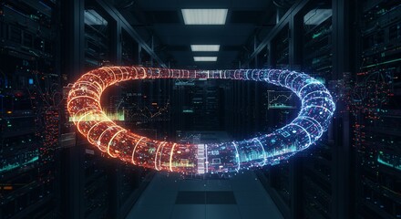 Data Ring: Red and Blue Digital Information Flow in Server Room