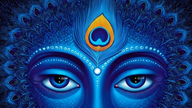Mystical Blue Eyes with Peacock Feathers - Close-up of a stylized depiction of eyes adorned with peacock feathers, video in shades of blue and gold.
