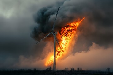 Obraz premium A massive wind turbine engulfed in orange flames, thick smoke billowing into a gray stormy sky, captured in high resolution