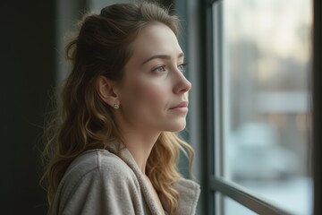 Thoughtful woman looking through window while standing at home