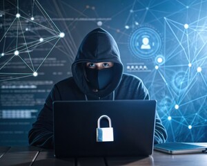 A hooded figure wearing a mask works on a laptop with a padlock symbol, surrounded by digital network graphics, highlighting cybersecurity and hacking themes.